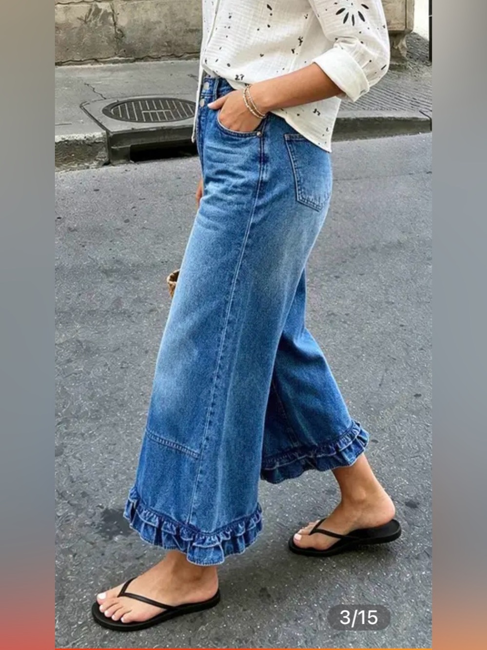 Flamingals Wash Ruffle Hem Dual Button High Rise Wide Leg Crop Jeans